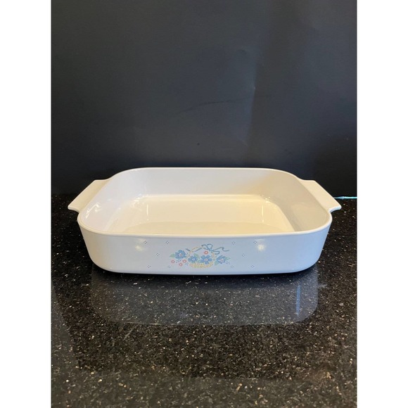 Vintage 1980s Corningware Blue Ribbon Flower Basket Print Open Roasting Pan 12" - Picture 1 of 7